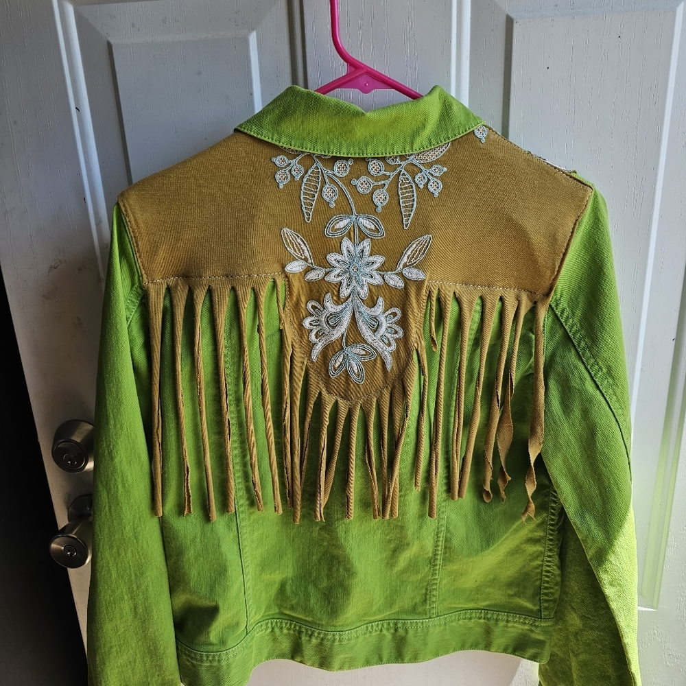Talbots Green Denim Jacket size Small. Embellished with floral motifs and fringe